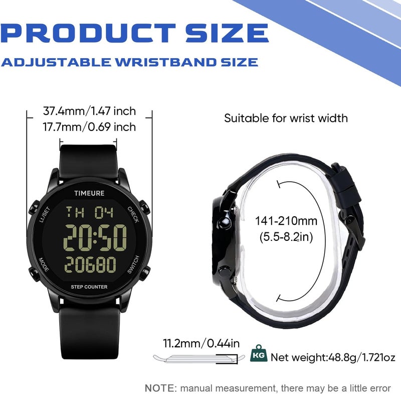 TIMEURE Pedometer Watch for Women, Step Counter for Walking No App/Phone Required Step Counter, Waterproof Fitness Calorie Tracker, Distance Tracking, Alarm, Large Digital Display Watch, TU-2509 - Image 4